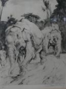 A framed and glazed signed etching of two elephants with riders. Indistinctly signed, edition 48/60.