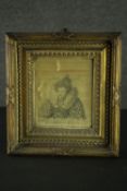 A carved gilt framed 19th century silk embroidery portrait of "Elizabeth I", monogrammed and with