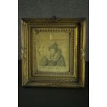 A carved gilt framed 19th century silk embroidery portrait of "Elizabeth I", monogrammed and with