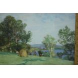 George Houston (1869 - 1947), watercolour on paper, landscape with lake and mountains, signed. H.