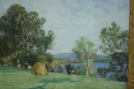 George Houston (1869 - 1947), watercolour on paper, landscape with lake and mountains, signed. H.