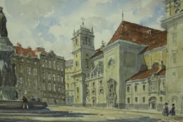 Bruce Flegg, watercolour on paper, Vienna city square, signed. H.54 W.59cm.