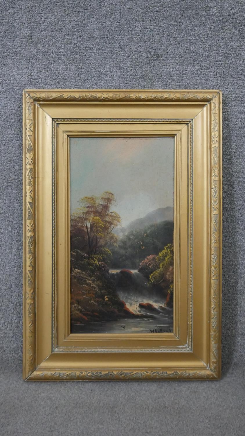 A gilt framed oil on panel of a river landscape, indistinctly signed. H.64 W.44cm - Image 2 of 5