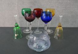 A set of five Bohemian coloured wine glasses along with two Jaffe Rose Czech coloured glass hand