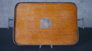A large Victorian oak and silver plated rectangular serving tray with pierced gallery with heart