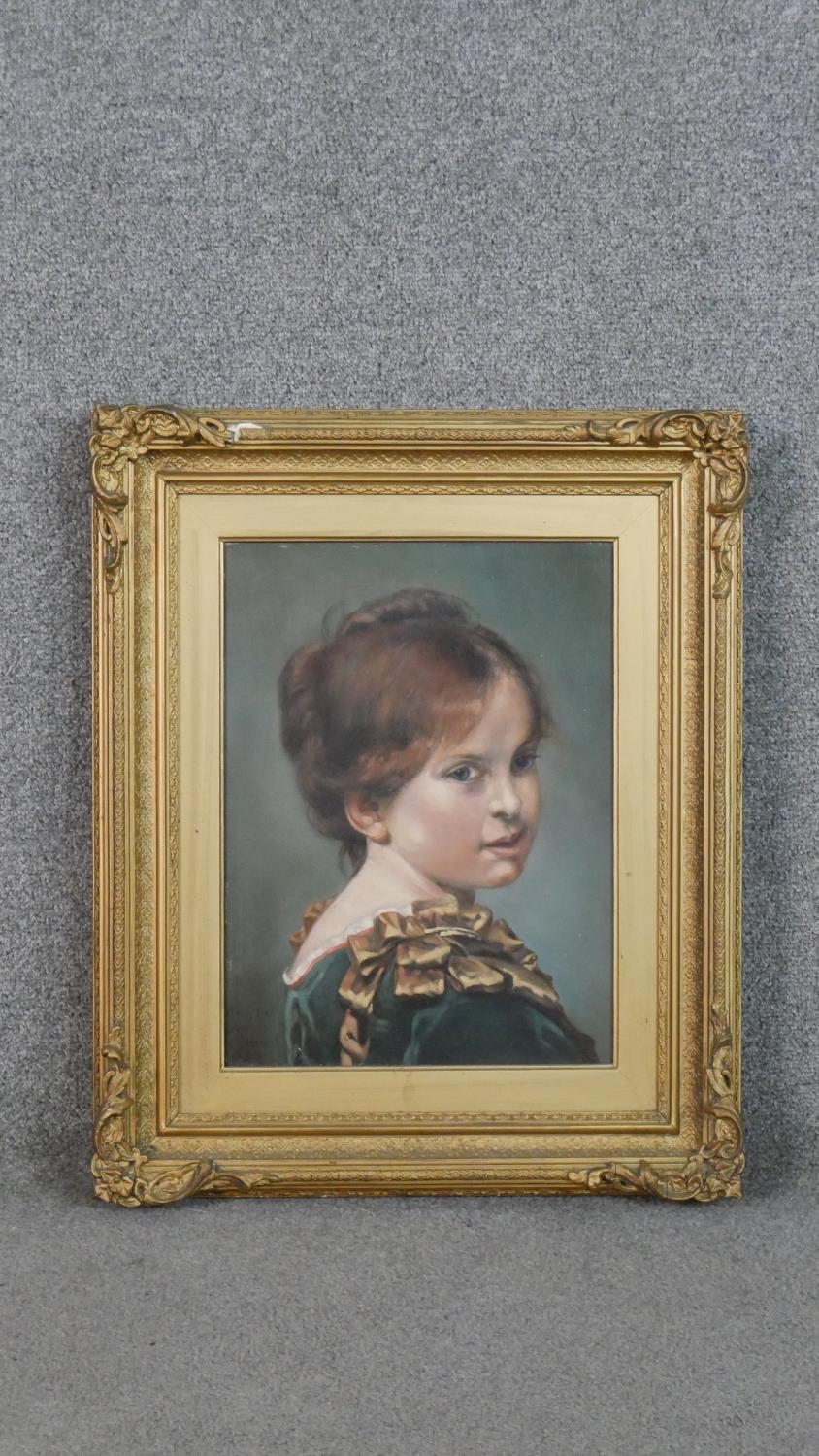 A gilt framed oil on board of a young girl in smart dress, inscribed and monogrammed by artist and - Image 2 of 7