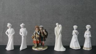 A collection of six ceramic and porcelain figures, including a Bruno Merli, a Capodimonte figure
