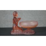 An Art Deco pink moulded glass Lalique style posy bowl and stand of a kneeling female figure with