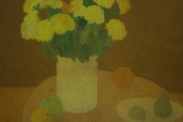 Bernard Myers (1925 - 2007), oil pastel still life of a vase of yellow flowers, signed B Meyers. H.