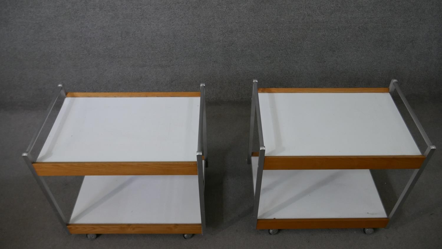 A pair of mid to late 20th century drinks or tea trolleys, with aluminium frames, and two white - Image 2 of 4