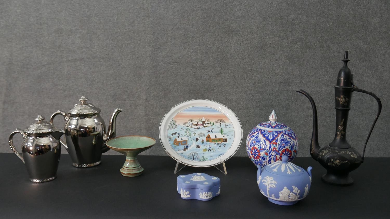 A collection of ceramics and metal ware, including two Royal Worcester metal effect ceramic coffee