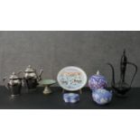 A collection of ceramics and metal ware, including two Royal Worcester metal effect ceramic coffee