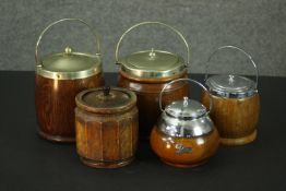 Five vintage chrome, silver plated and oak biscuit barrels and tea caddies, some with chrome name
