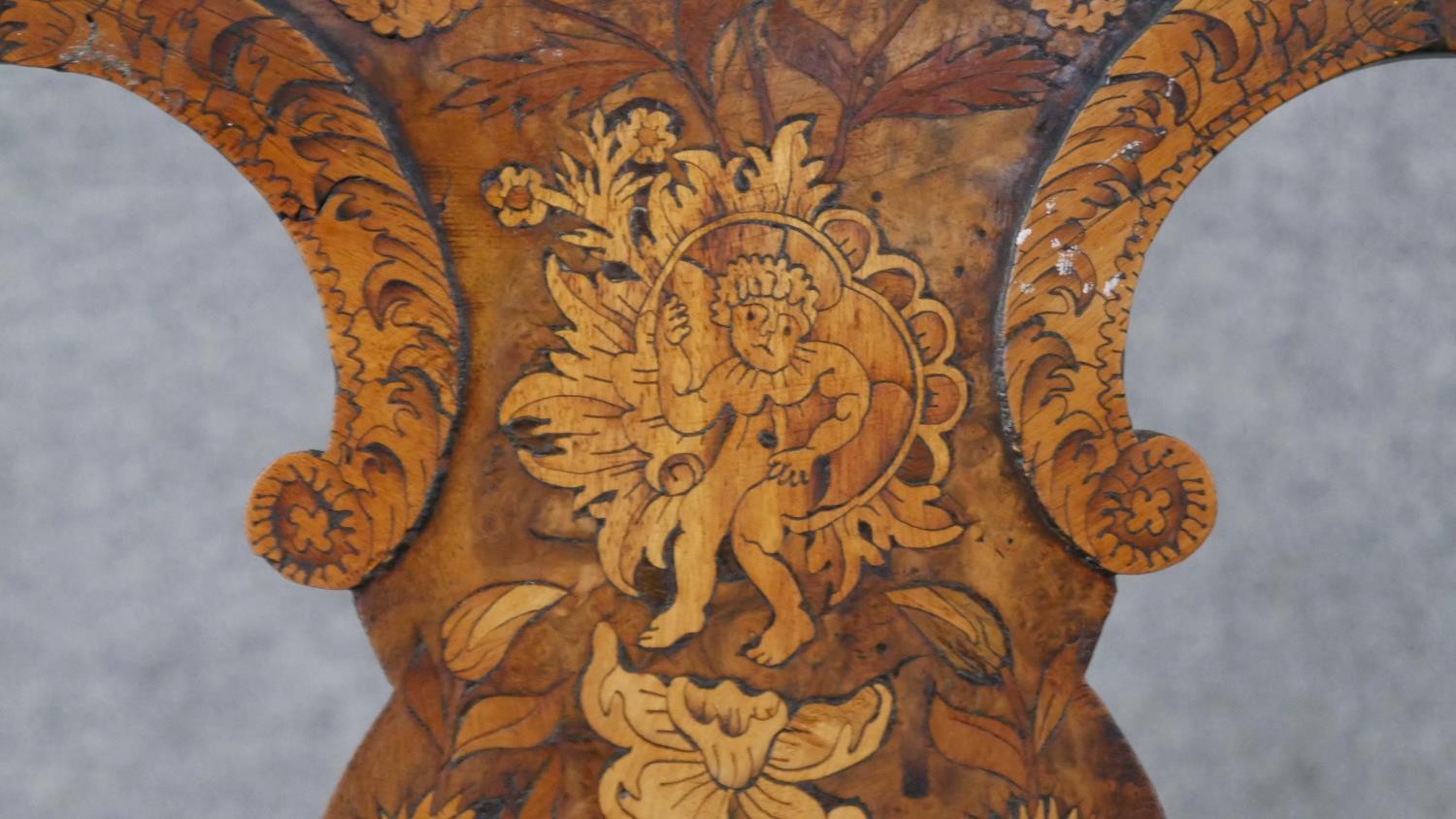 An 18th century Dutch marquetry inlaid tulipwood side chair, with a vase splat back, over a brown - Image 6 of 13