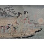 A framed and glazed 19th century Japanese woodblock print of Geishas on a boat. H.54 W.63cm