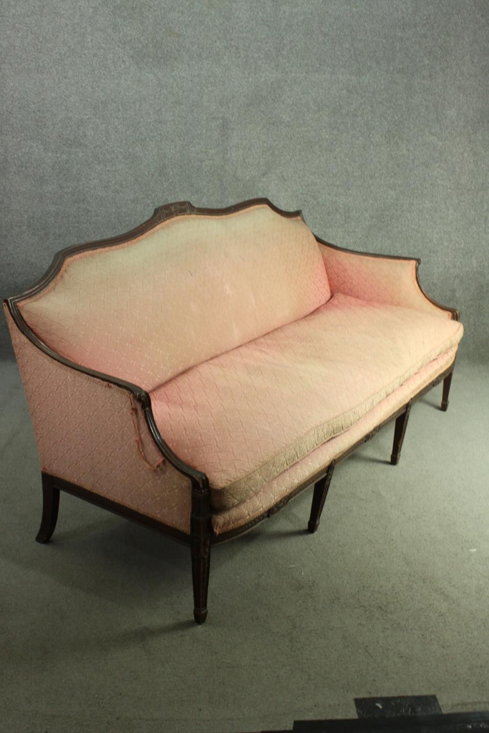 An Adam style mahogany three seater sofa, the top rail centred by a carved urn, upholstered in - Image 6 of 9