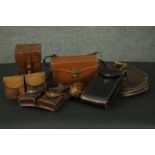 A collection of seven tan and brown leather vintage bags and cases. H.23 W.13 D.13cm. (largest)