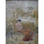 A framed and glazed 19th century Italian silk work embroidery of a lady sitting on a bench with