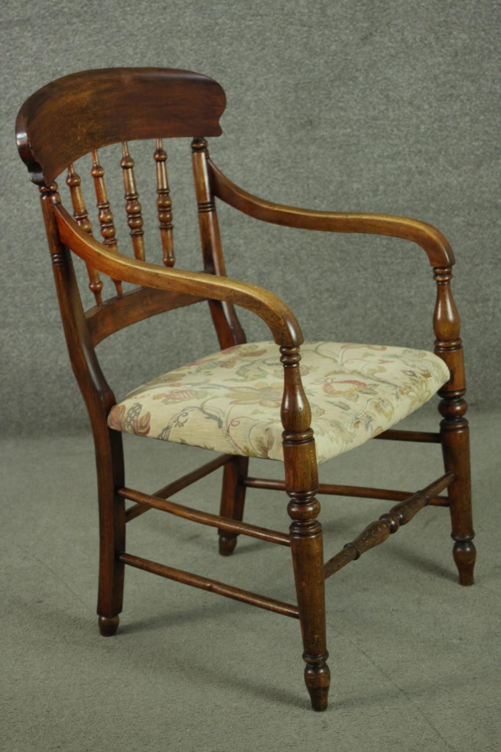 A rustic stained beech bar back open armchair, with turned spindles over a tapestry style seat, on - Image 2 of 7