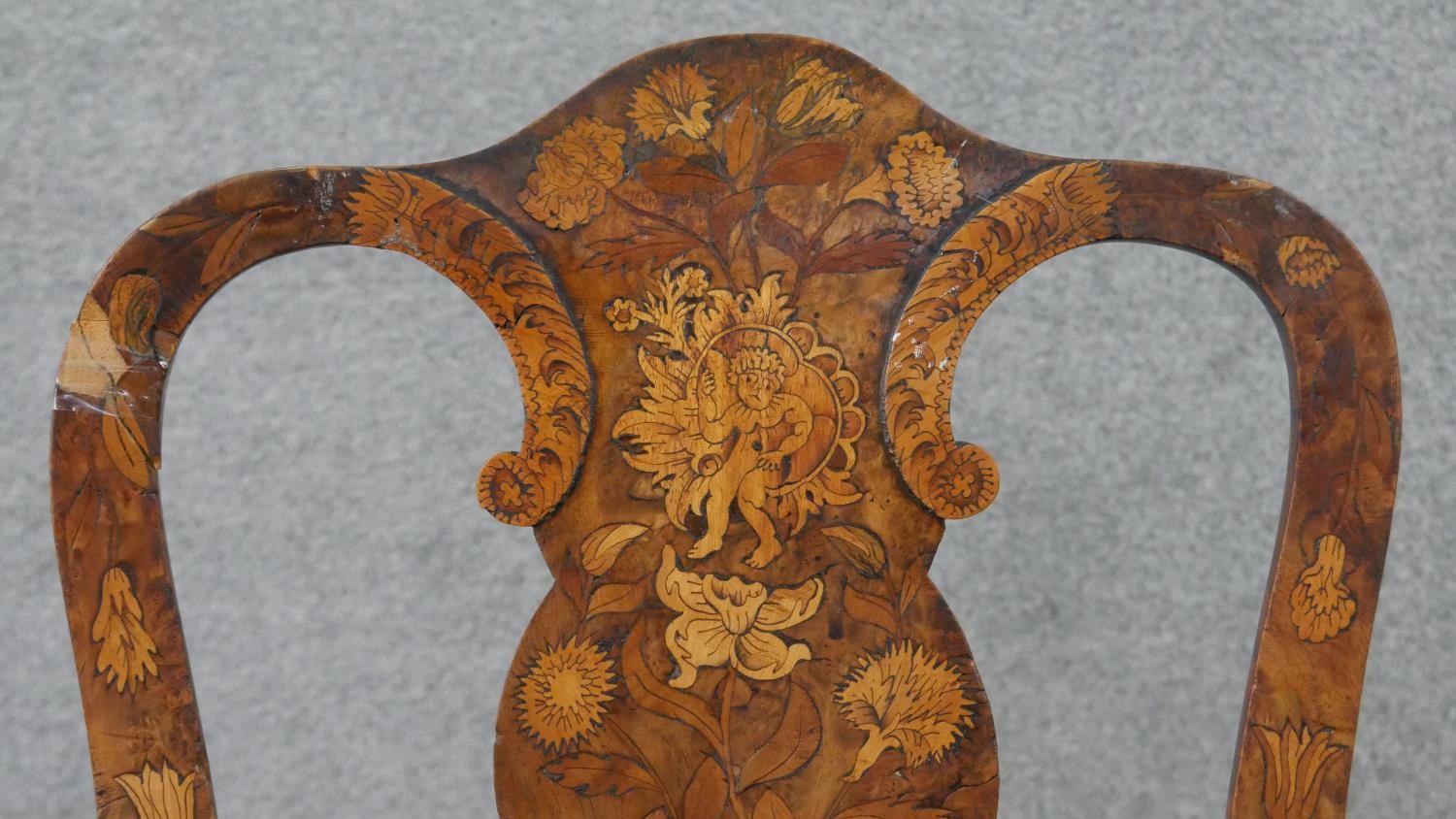 An 18th century Dutch marquetry inlaid tulipwood side chair, with a vase splat back, over a brown - Image 5 of 13