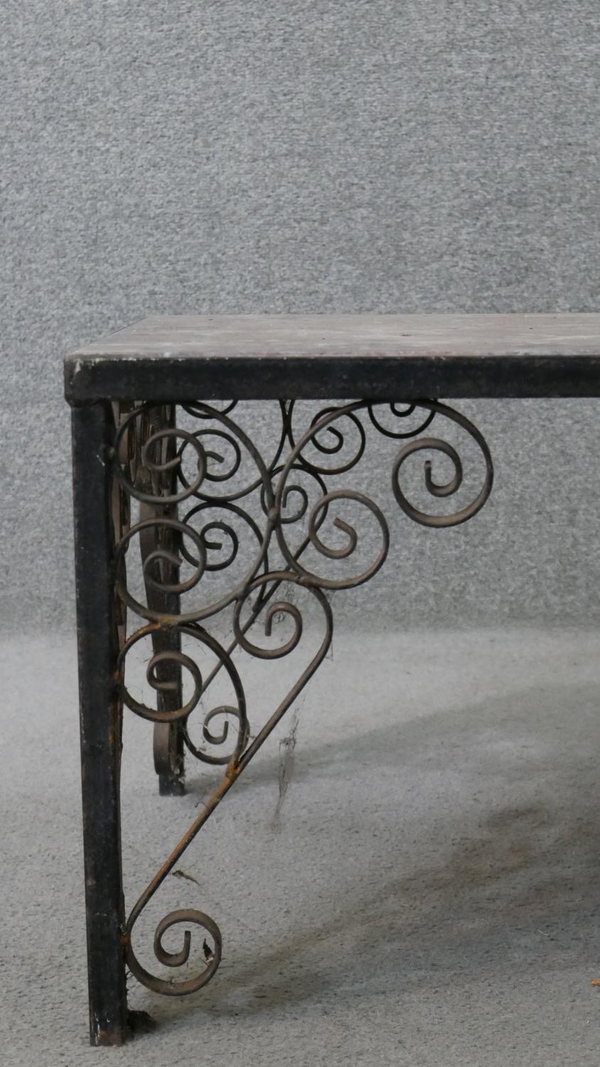 A vintage rectangular rouge marble topped coffee table, on an iron frame with scrolling wrought iron - Image 2 of 5