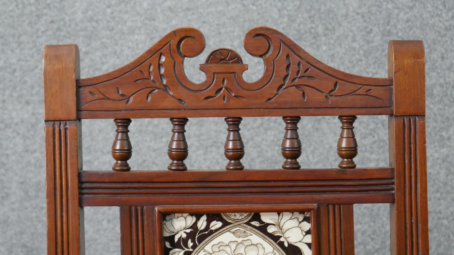 A pair of Victorian walnut Aesthetic movement hall chairs, the back set with a single tile, possibly - Image 4 of 8