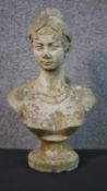 A composite bust of a young female with her hair up on a pedestal base. (head repaired) H.35 W.20cm