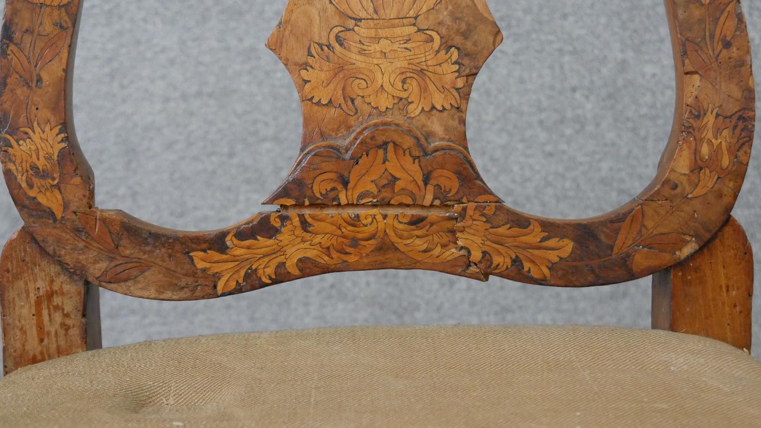 An 18th century Dutch marquetry inlaid tulipwood side chair, with a vase splat back, over a brown - Image 8 of 13
