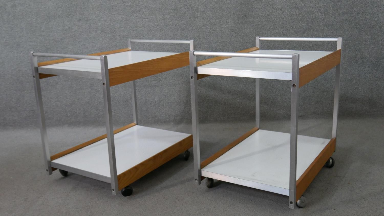 A pair of mid to late 20th century drinks or tea trolleys, with aluminium frames, and two white - Image 3 of 4