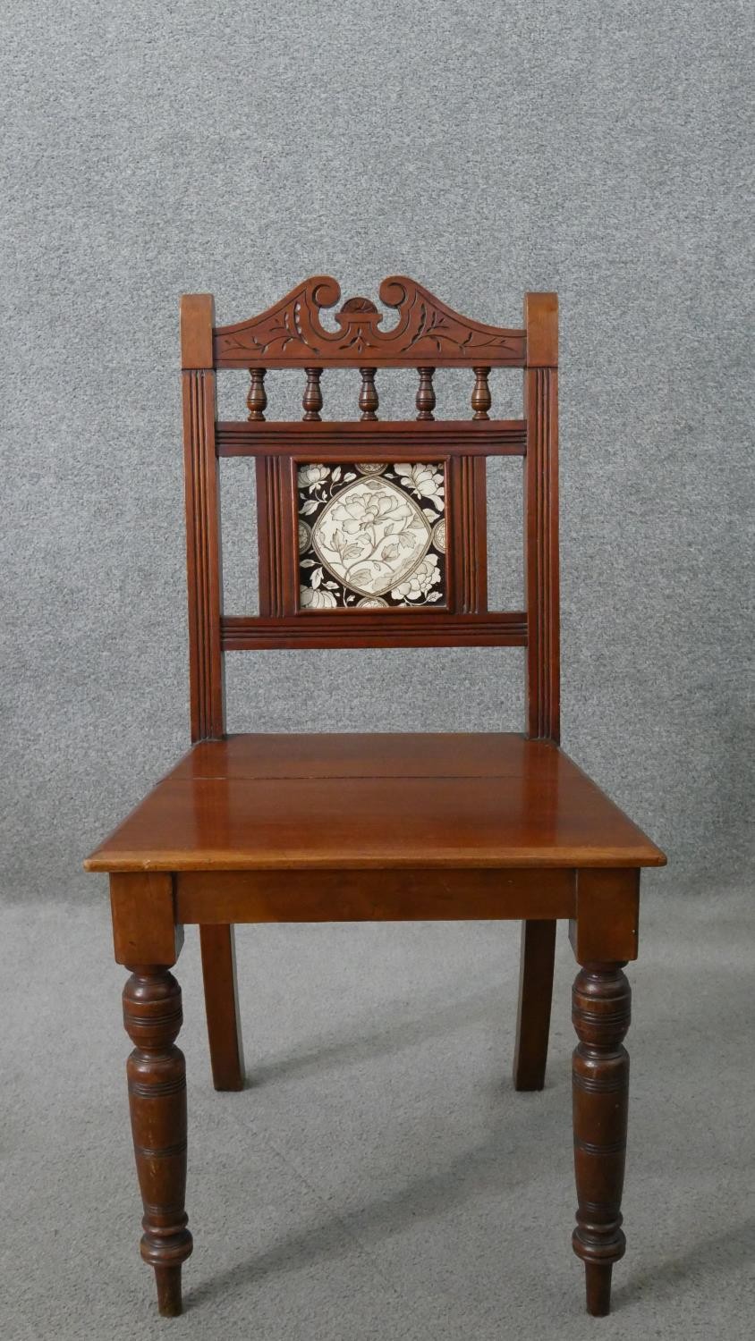 A pair of Victorian walnut Aesthetic movement hall chairs, the back set with a single tile, possibly - Image 2 of 8
