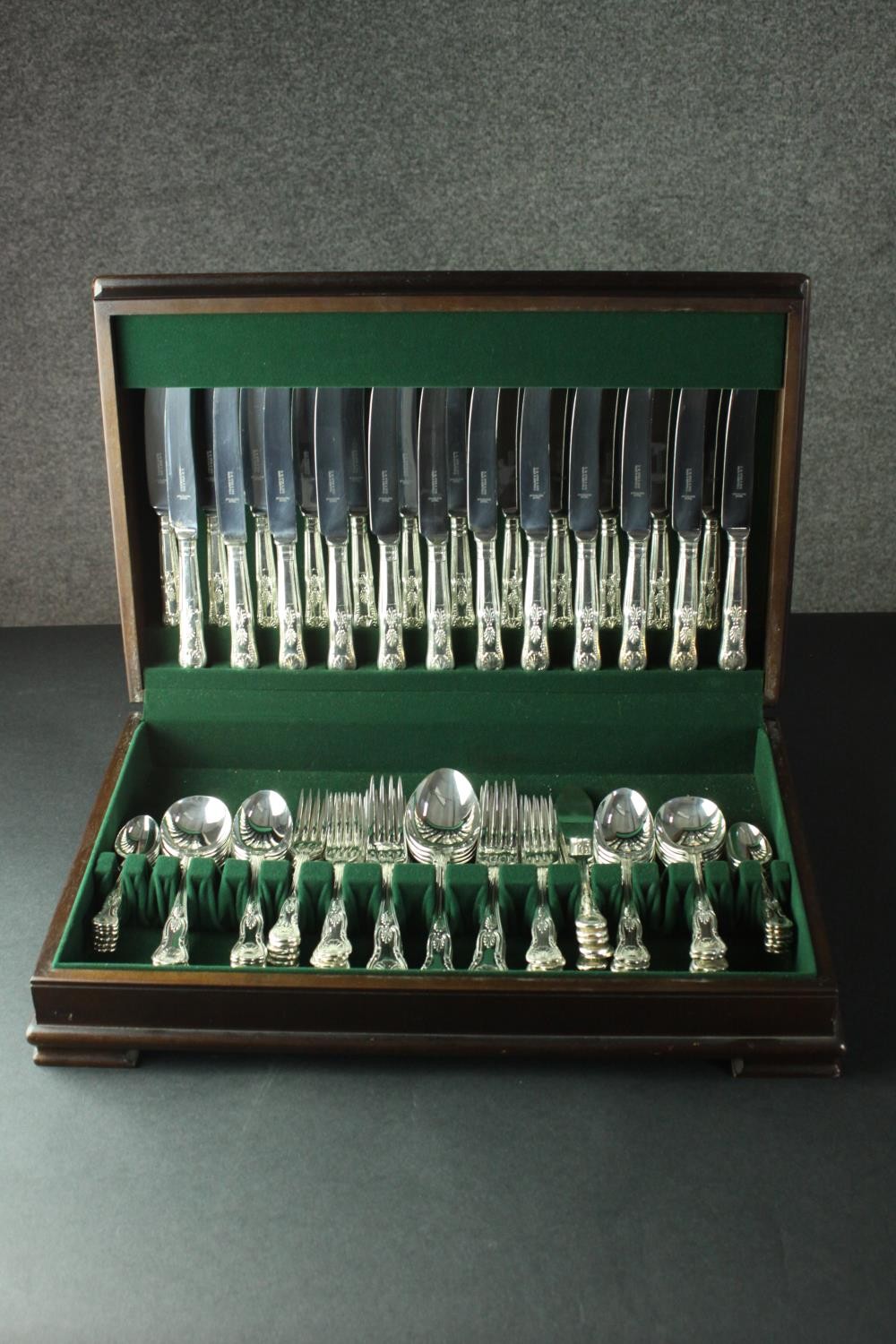 A complete canteen of silver plated King's pattern cutlery for six people. Stamped D.W.Hyde and