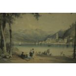 A framed and glazed hand coloured engraving of Lake Bellagio, monogrammed in plate J.H.B. H.47 W.