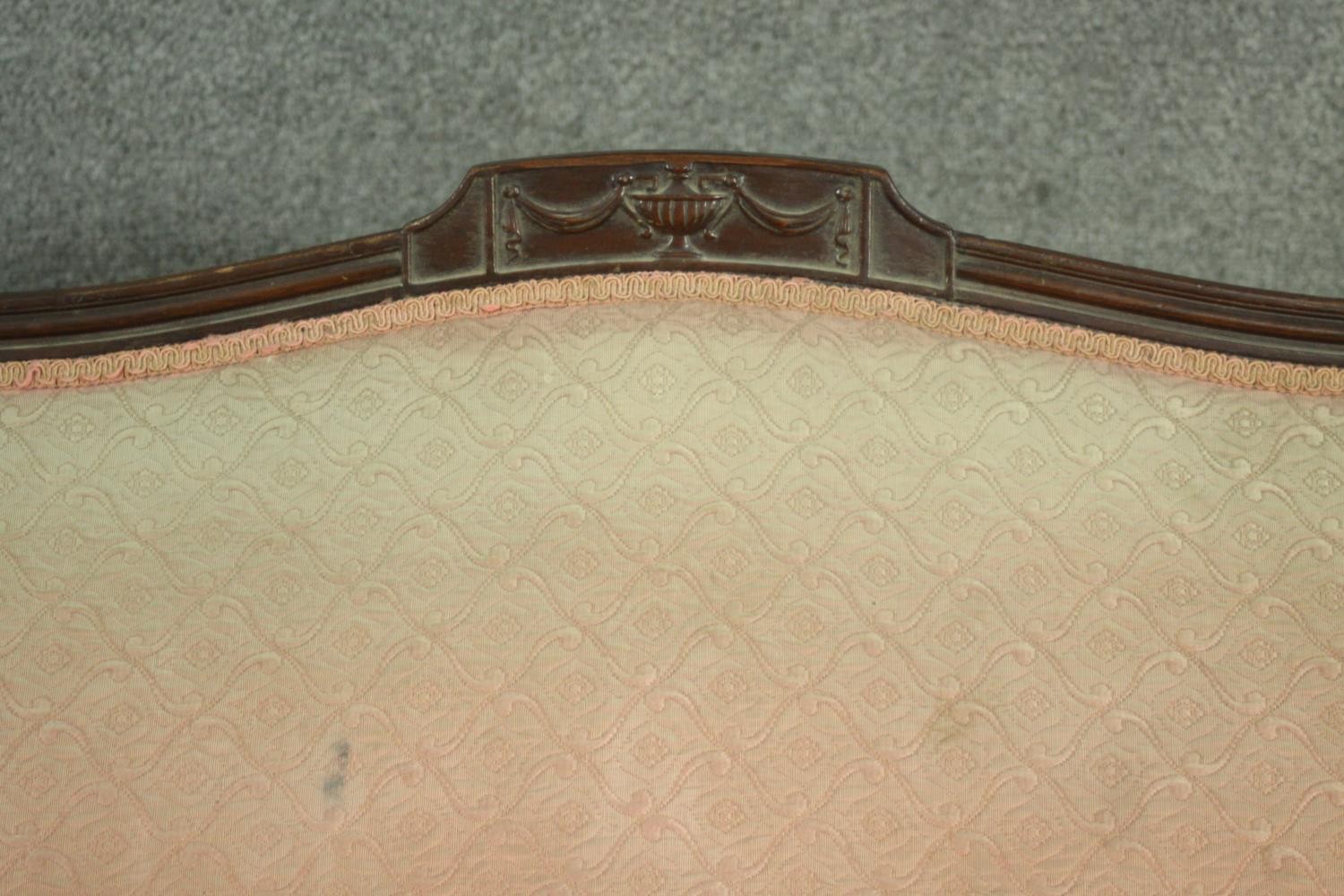 An Adam style mahogany three seater sofa, the top rail centred by a carved urn, upholstered in - Image 3 of 9