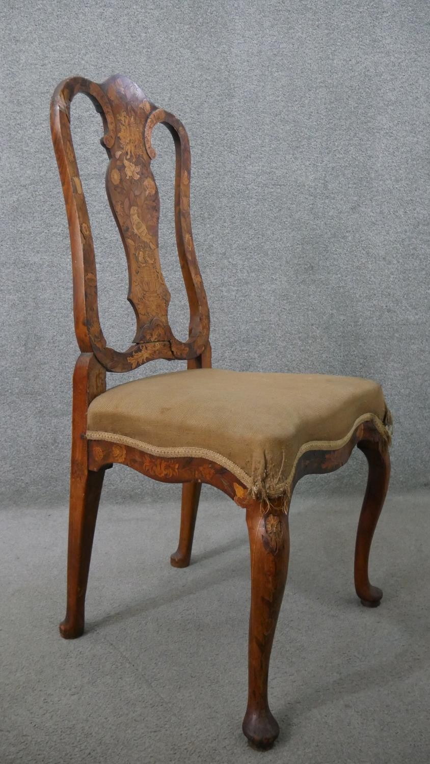 An 18th century Dutch marquetry inlaid tulipwood side chair, with a vase splat back, over a brown - Image 12 of 13