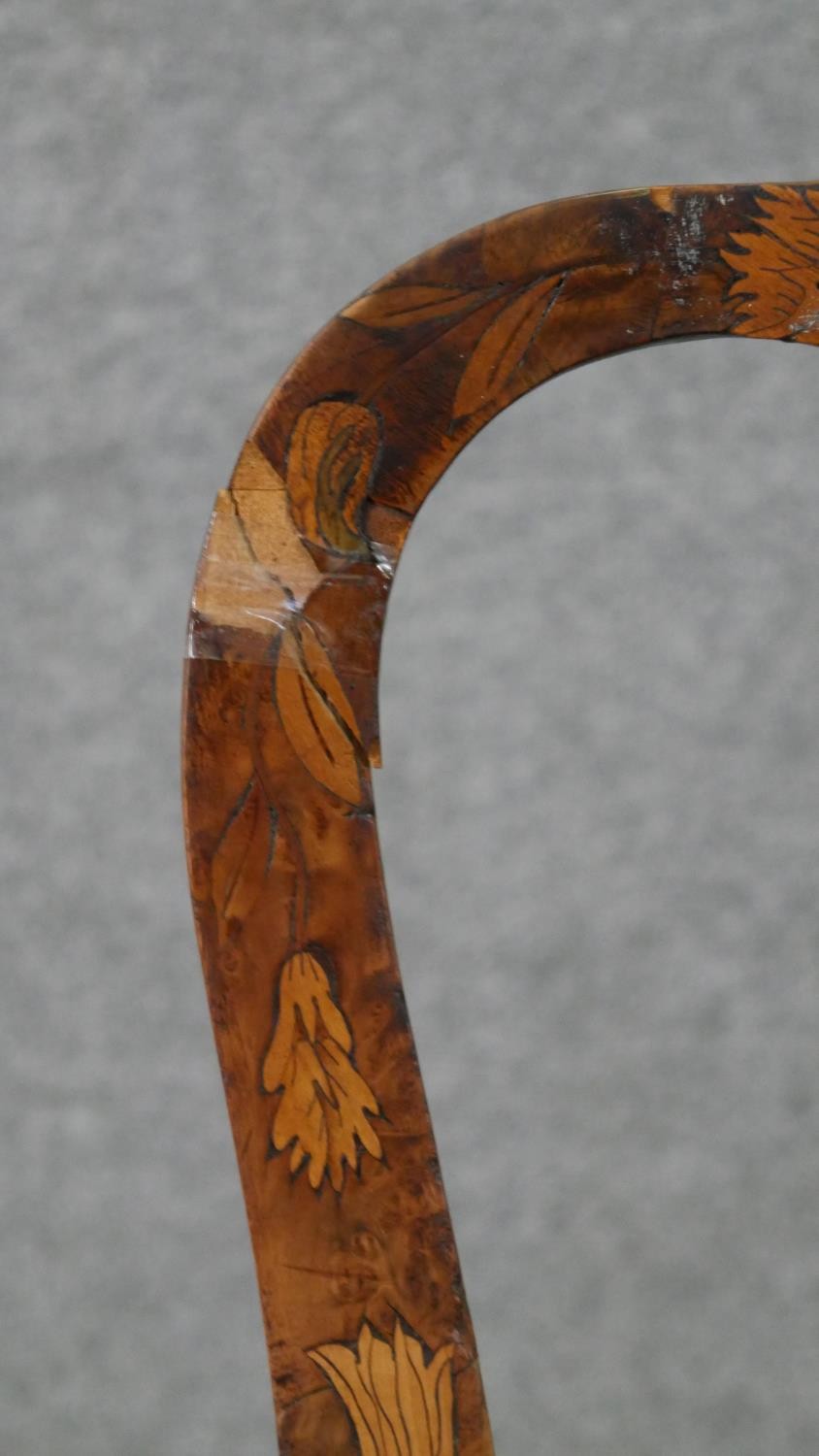 An 18th century Dutch marquetry inlaid tulipwood side chair, with a vase splat back, over a brown - Image 7 of 13