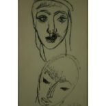 Edward Wolfe, South African (1897 - 1981), pen and ink drawing, two female heads, signed. H.32 W.
