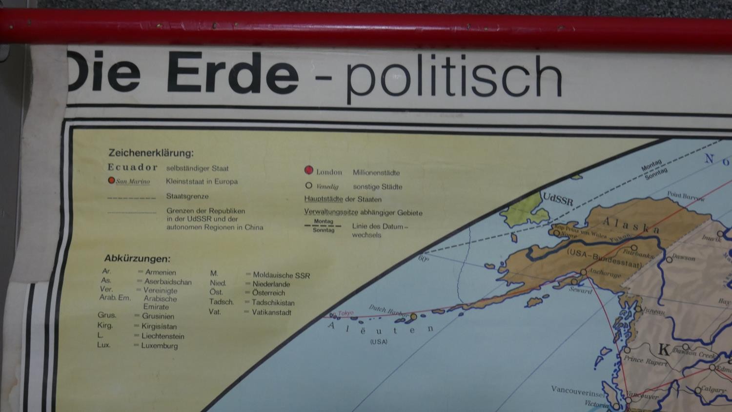 A 1982 Westermann German educational wall chart, depicting a map of the world, 'Die Erde Politisch'. - Image 2 of 7