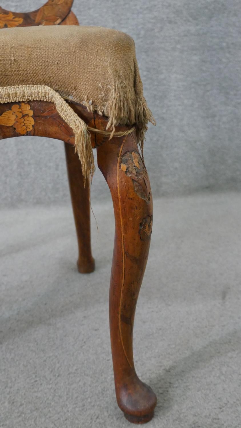 An 18th century Dutch marquetry inlaid tulipwood side chair, with a vase splat back, over a brown - Image 11 of 13