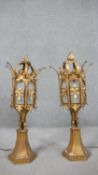 A pair of gilt metal lamps, believed to be Venetian gondola lanterns, of hexagonal section with