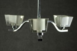 A Dar Lighting three branch chrome ceiling light, with clear tapering square section shades. H.26