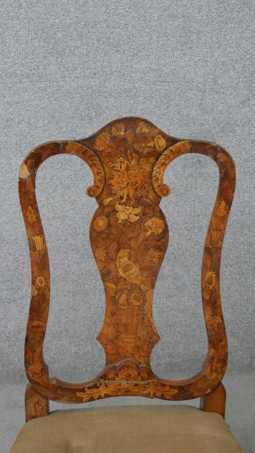 An 18th century Dutch marquetry inlaid tulipwood side chair, with a vase splat back, over a brown - Image 3 of 13