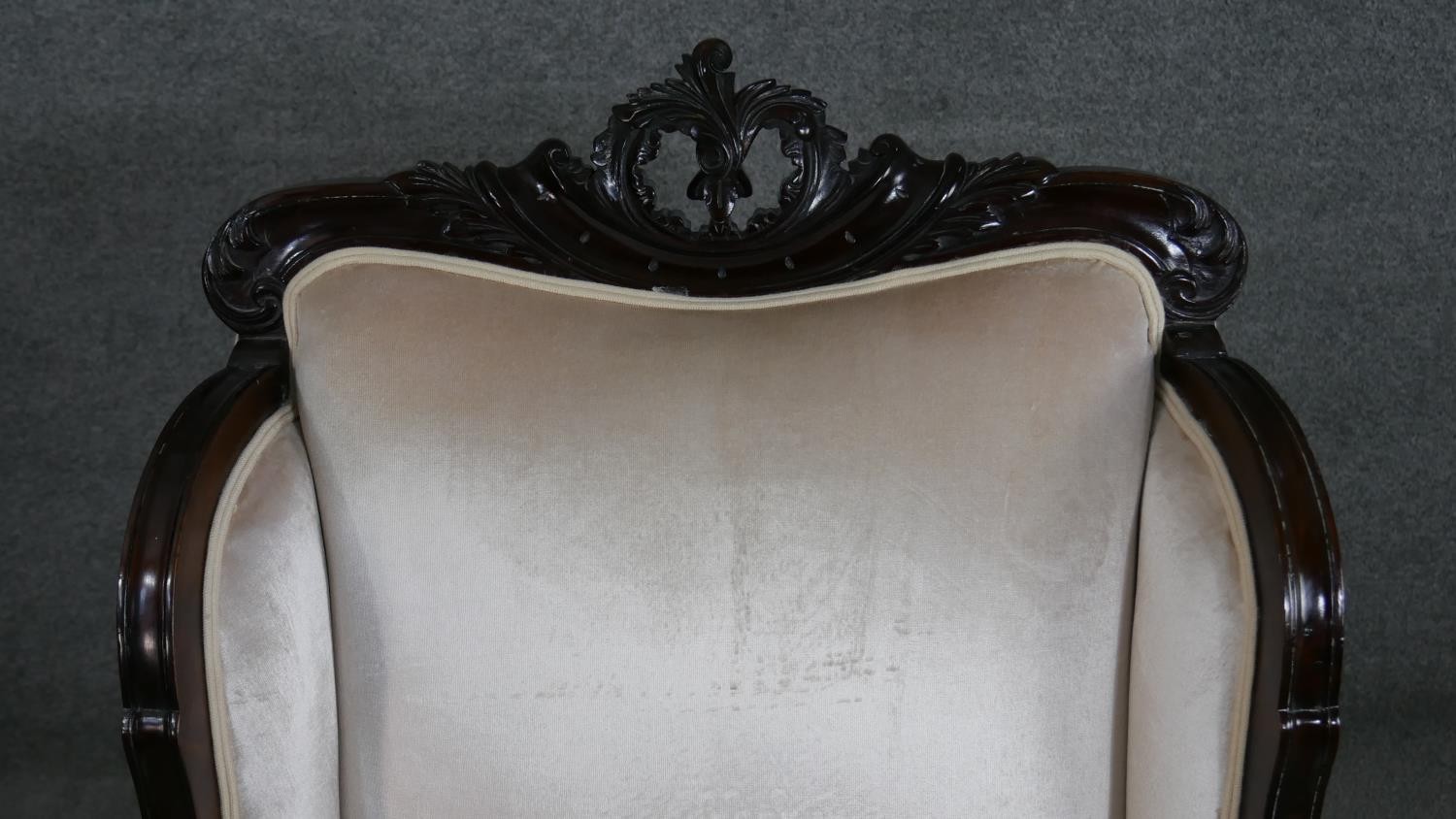 A circa 1900 mahogany armchair, with a carved crest, the scrolling arms, back and seat upholstered - Image 5 of 7