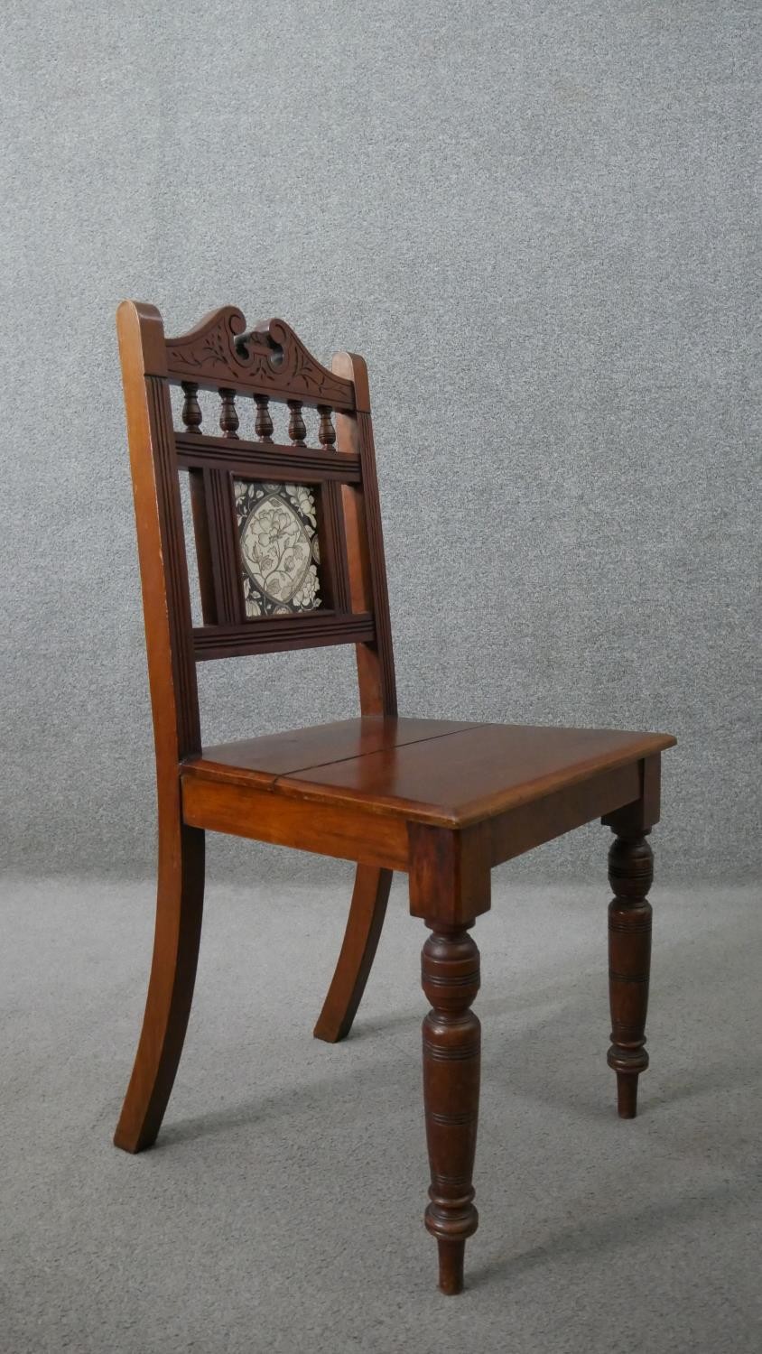 A pair of Victorian walnut Aesthetic movement hall chairs, the back set with a single tile, possibly - Image 8 of 8