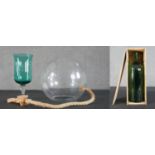 A collection of glass, including a K. Colombier green glass wine bottle in pine box, a Bohemian