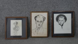 Three framed and glazed portraits, one caricature in pen, monogrammed, a pastel and watercolour of a