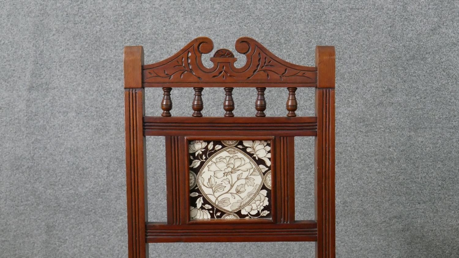 A pair of Victorian walnut Aesthetic movement hall chairs, the back set with a single tile, possibly - Image 3 of 8