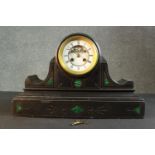 A Victorian French black slate and inlaid malachite drum head mantel clock. White enamel dial with