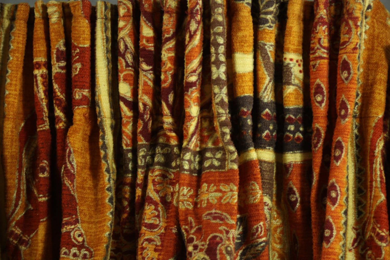 Three fully lined silk mix tribal design curtains with elephant motifs. H.160 W.380cm. - Image 6 of 8