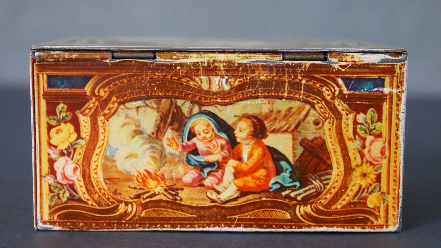 A tin plate vintage biscuit tin with classical figural design along with two olivewood boxes - Image 7 of 8
