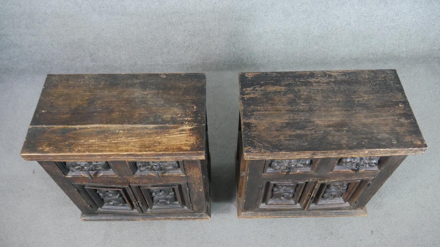 A pair of rustic stained pitch pine side cabinets, with a plank top over two short drawers and two - Image 6 of 7